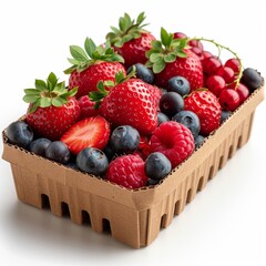 A cardboard punnet of strawberries, blueberries and raspberries