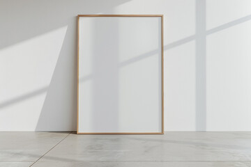 the minimalist gallery space features a single, large wooden frame standing on the floor against a white wall exhibit exhibit