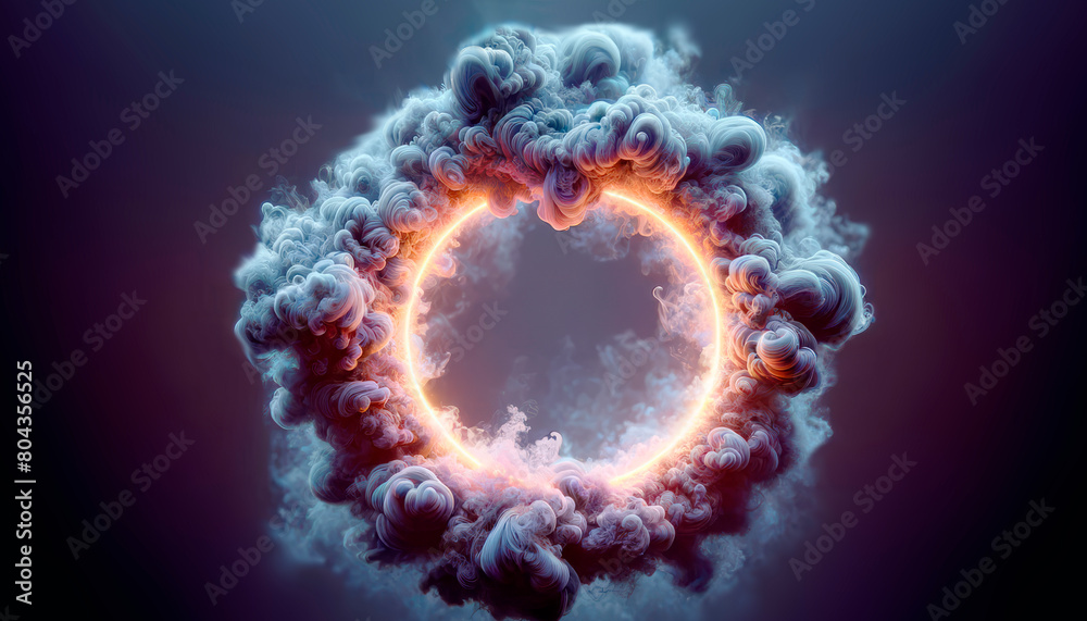 Poster An abstract image with a luminous circular portal surrounded by swirling clouds on a dark background, conveying a mystical concept. Generative AI