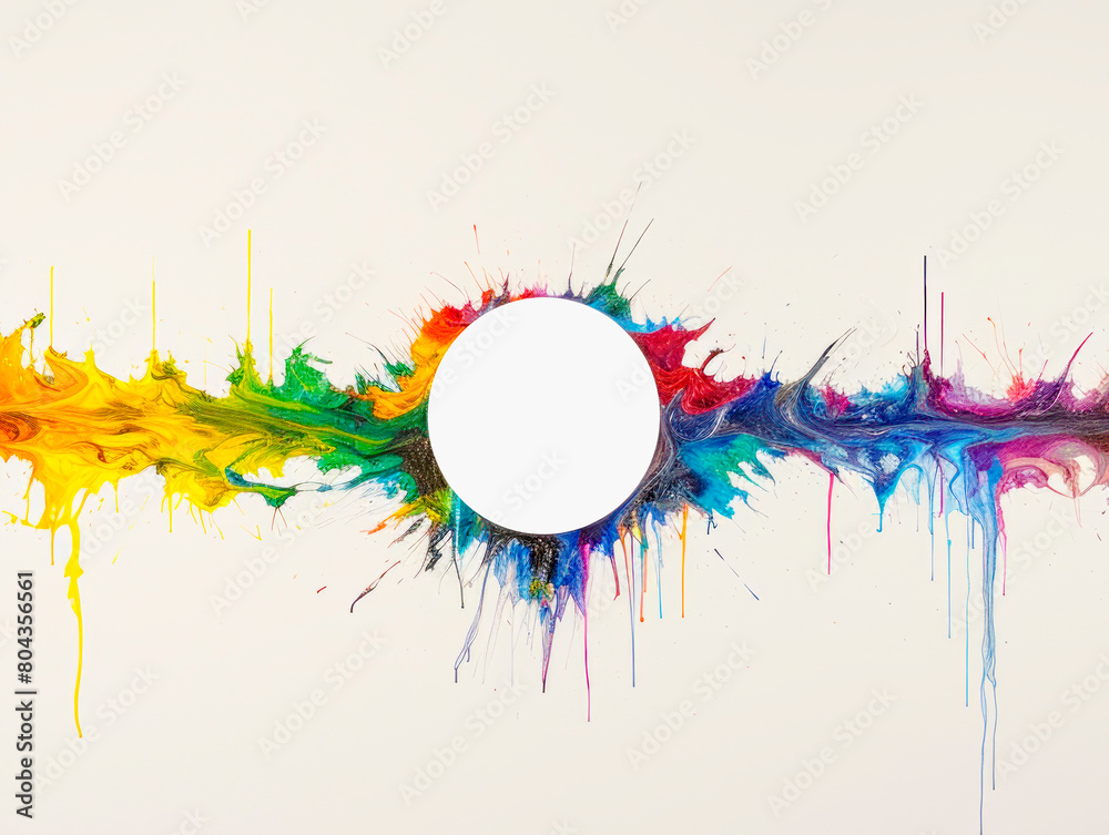 Poster a vibrant paint splash border surrounding a blank circle on a white background, concept of creative 