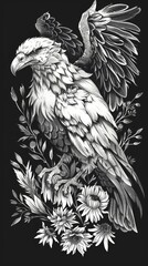 Griffin in a serene pose, surrounded by minimalistic floral elements, ideal for a peaceful, mythical representation