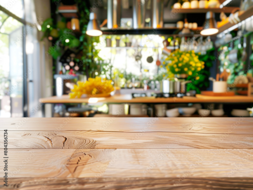 Poster A close-up of a wooden table with a blurred background of a cafe setting, Generative AI