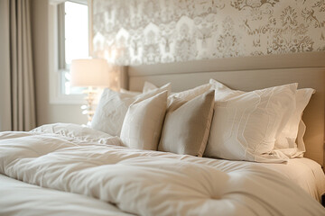 A statement wallpaper accent wall adding personality to a neutral bedroom.