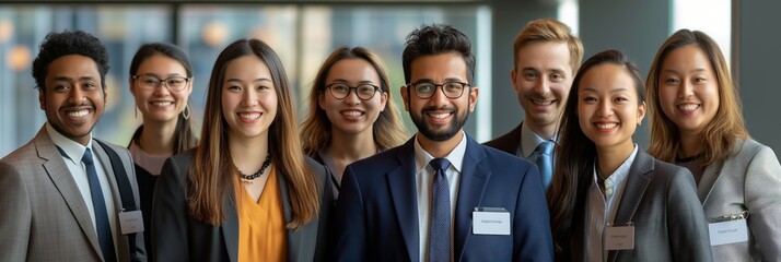 Diverse business team portrait. A group of multicultural professionals smiling in an office setting. Ideal for multicultural work environment themes and corporate marketing