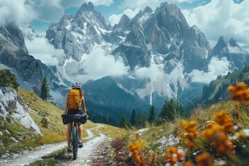 A female cyclist on an off-road trail heads towards a stunning backdrop of snow-capped mountains and cloudy skies