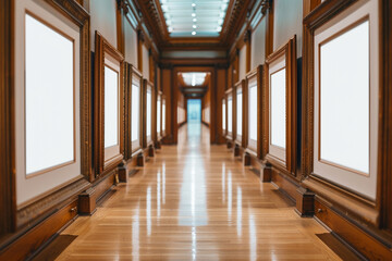 an series of classic wooden frames, each with a perfectly white center, arrayed along a corridor in a historic gallery setting