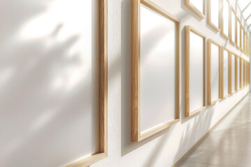 an series of elegantly simple wooden frames, each enclosing an unblemished white canvas, line a pale wall in a sunlit gallery exhibit
