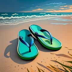 Colorful flip flops sandals on an empty sandy beach by the shore
