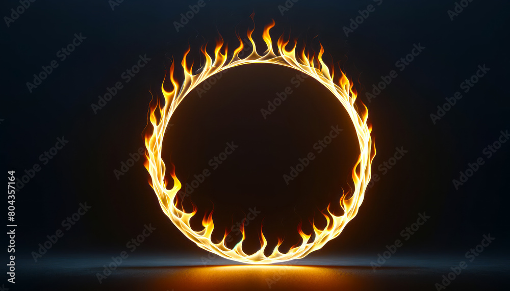 Poster a circle of fire with dynamic flames, illustrated on a dark background, conveying a concept of energ
