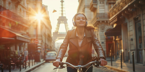 Cheerful young woman listening to music in her headphones while riding her bicycle on the street of Paris, with Eiffel tower in a background.