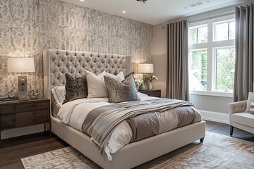 A statement wallpaper accent wall adding personality to a neutral bedroom.