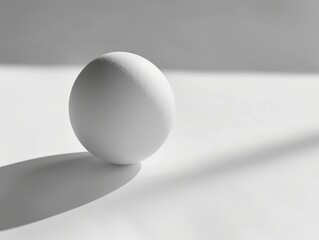 A white sphere sits on a white table.
