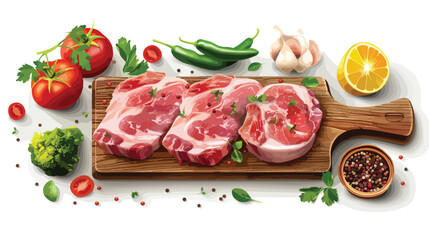 Board with raw pork meat spices and vegetables on white background 