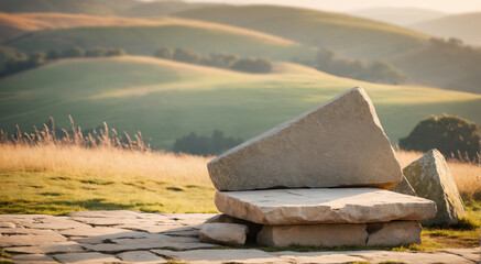 a stone bench on top of a mountain of a beautiful sunset - Powered by Adobe