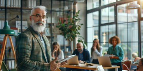 Charismatic senior man pitching his innovative tech startup idea to a diverse group of young investors in a modern office space.