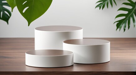 three white round podiums on a wooden table with natural background