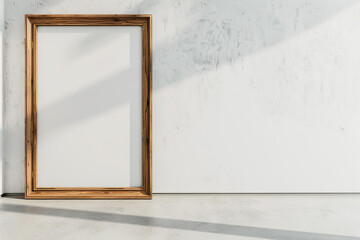 an side perspective of a gallery displaying a single, majestic wooden frame against a minimalist white wall exhibit