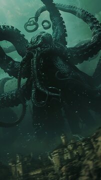 Kraken as a guardian of an underwater city, majestic and powerful, against a clean, mystical green backdrop