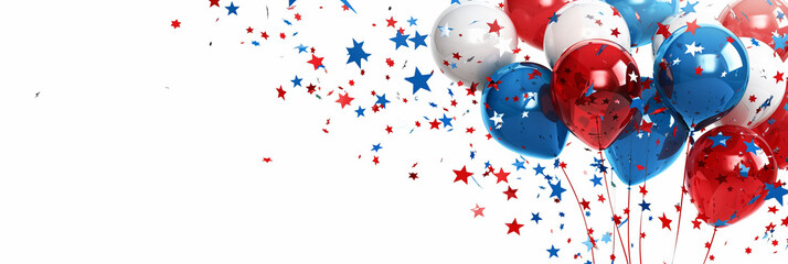 Blue, white and red balloons and stars confetti on a white background with copy space. Celebrating 4th of July banner.