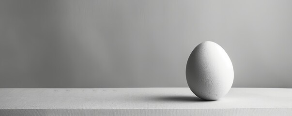 A white egg sits on a white table against a white background.