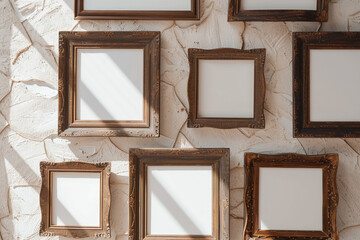 the arrangement of vintage-style wooden frames, each featuring an immaculate white center, mounted on a textured ivory wall