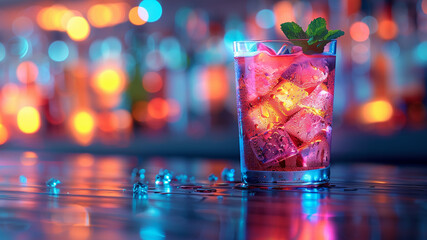 This clear glass filled with ice cubes and topped with a fresh mint leaf on a wooden table.