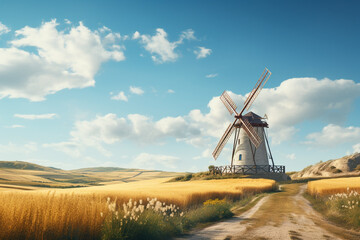 A charming country windmill standing tall among fields of golden wheat under a cloudy sky, isolated...