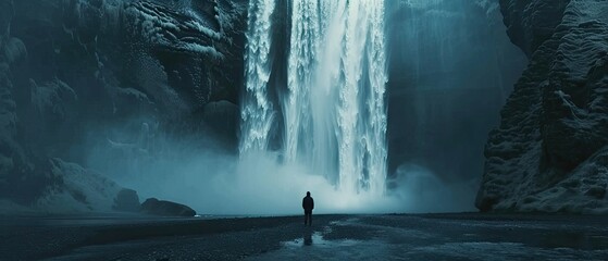 Man observing majestic waterfall in natural landscape