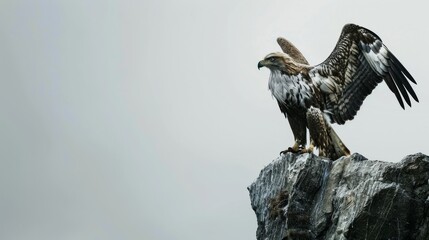 Majestic griffin perched on a cliff, wings spread wide, against a stark white background for clear focus