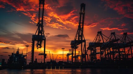 The industrial silhouette of cranes and cargo ships against the backdrop of a fiery sunset sky,The port is alive with activity