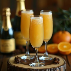 Three champagne glasses of orange mimosa garnished with orange slices.