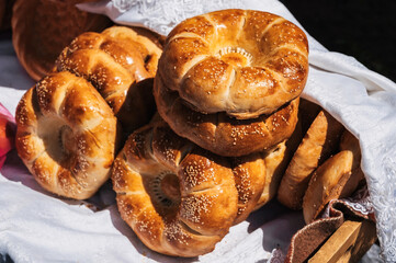 traditional Asian bread Uzbek tandoor flatbread on counter at the market in Uzbekistan