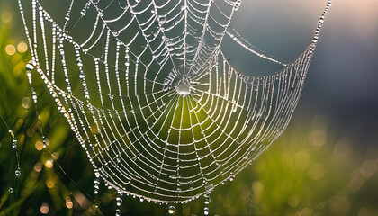 Macro photography of dewdrops on a spiderweb, with morning sunlight creating rainbows