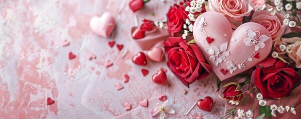 Pink and red roses with a pink heart shaped box of chocolates on a pink background.
