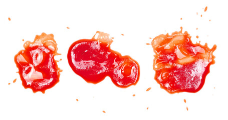 Ketchup, tomato sauce, set droplets isolated on white background, top view