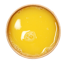 Orange juice in paper cup isolated on white background, top view