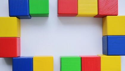 Colorful Wooden Blocks Forming Geometric Shapes, Geometric arrangement of colorful wooden blocks...