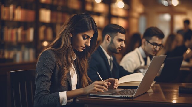 Adults improving skills in evening college course, indian specialist using laptop to take notes - Powered by Adobe