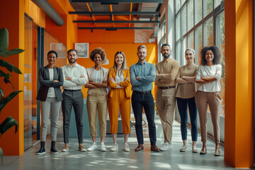 Diverse office team posing confidently in a modern workspace. Ideal for highlighting workplace inclusivity and teamwork in corporate promotions