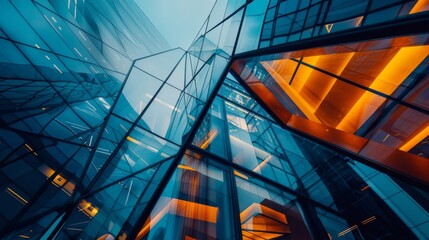 Futuristic Abstract Architecture at Dusk: Geometric Shapes, Angular Lines, and Vibrant City Lights Captured on Monochromatic Film