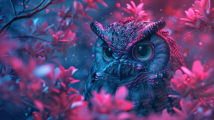 Neon feathered owl, holographic eyes closeup, amidst digital forest