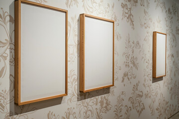 From a side, a gallery features three wooden frames, each with a white canvas, hung against a wall with a delicate floral pattern