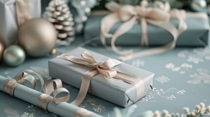 A beautifully wrapped present with a silver ribbon.