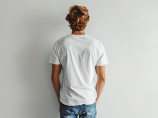 Rear view of a person wearing a blank white t-shirt and jeans, ideal for branding mockup, against a light grey background, Generative AI