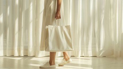 Partial view of a person holding blank white shopping bags, modern minimalist style, brightly lit with a curtain background, showcasing a mockup for branding. Generative AI