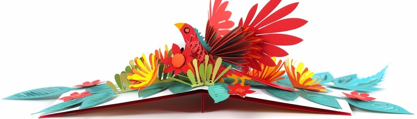 Naklejka premium A red bird made of paper is flying out of a white pop-up card. The bird has its wings spread wide and is surrounded by green leaves and red and yellow flowers.