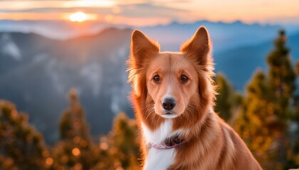 An attentive dog looking at the camera with a sunset view seen from the mountains
