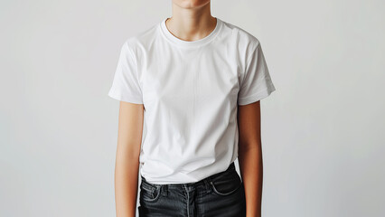 Person in a white T-shirt for mockup, against a light background, concept of branding and identity design. Generative AI