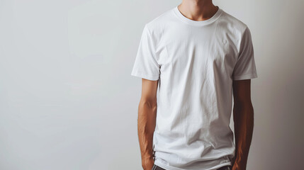 A person wearing a blank white t-shirt for mockup on a light background, ideal for branding presentation. Generative AI