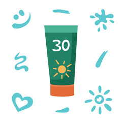 Sun protection, suntan lotion tube. Beach holidays concept. Flat design, cartoon SPF cosmetic product with suntan cream strokes. Sunscreen bottle, jar.
